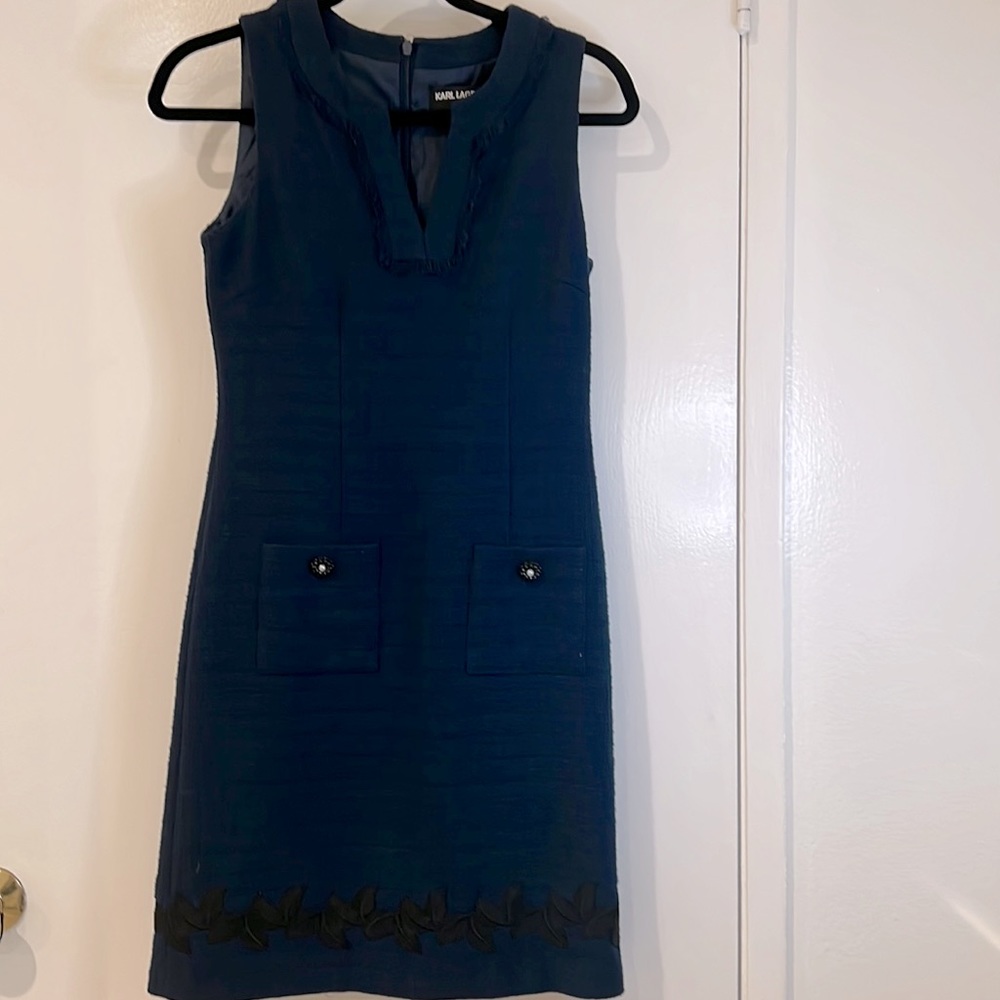 Karl Lagerfeld Navy Blue Sleeveless Tweed Dress